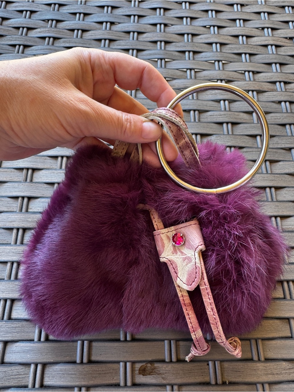 Caterina Lucchi Fur Mini Handbag Made In Italy Burgundy Ring Handle Y2K - Picture 7 of 15